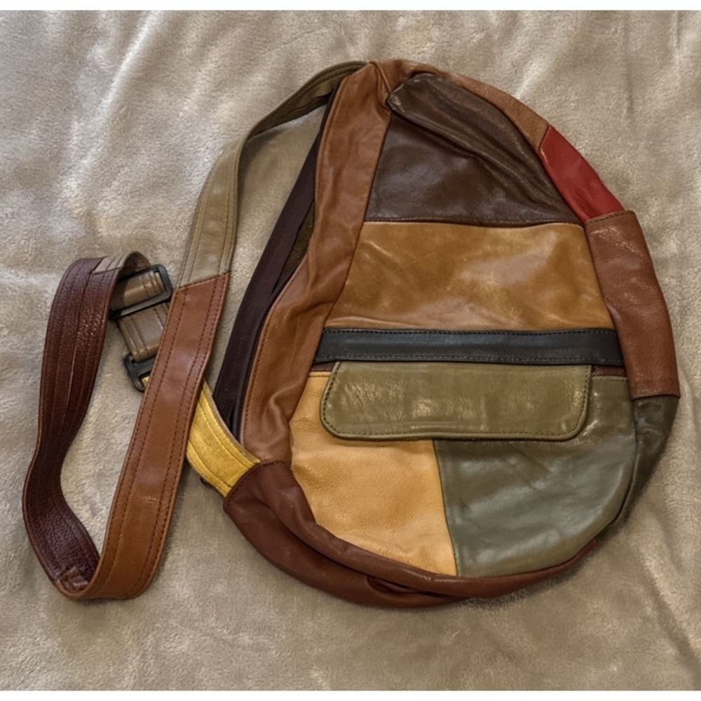 Vintage Genuine Leather Healthy Back Bag Crossbody Sling Bag Color Block